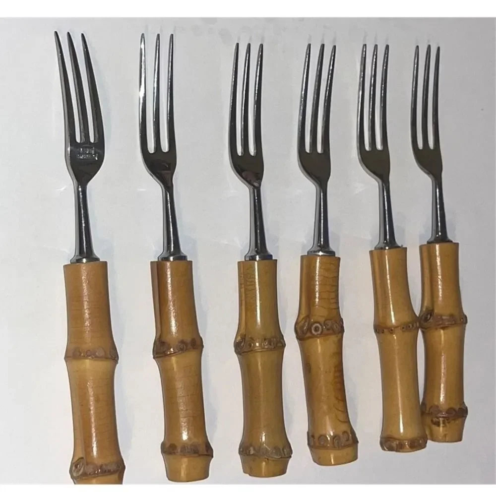 Bamboo Handle Stainless Steel Fork Set 6 Appetizer Dessert Cocktail Fondue MCM